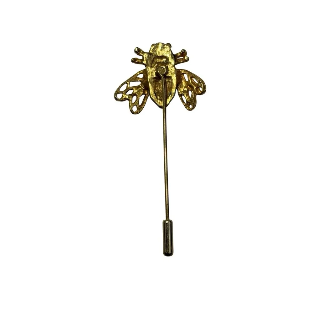 Vintage Gold Tone White Enamel Rhinestone Bumble Bee Insect Stick Pin